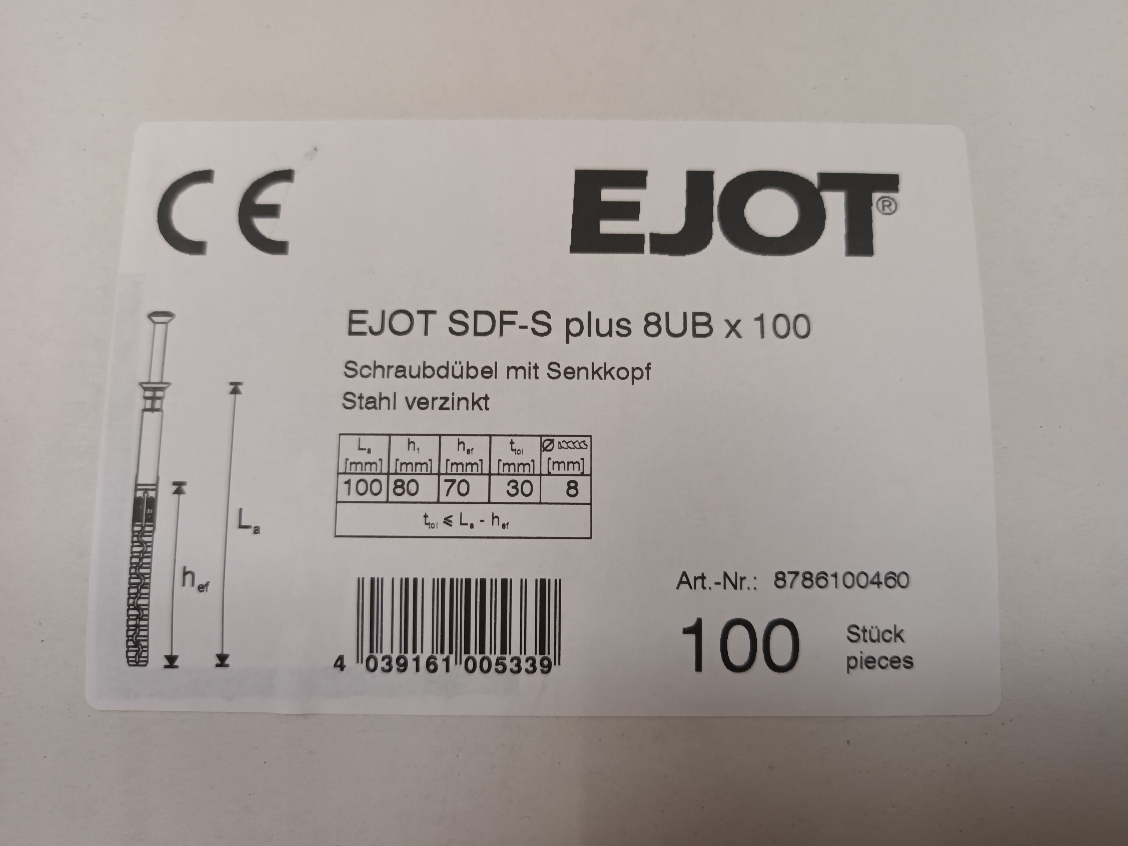 Ejot Fassadenschraubdübel SDF-S plus 8x100 mit Senkkopf